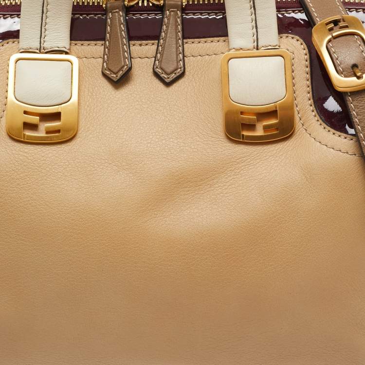 Pre Owned Fendi Red/Beige Patent and Leather Chameleon Satchel 