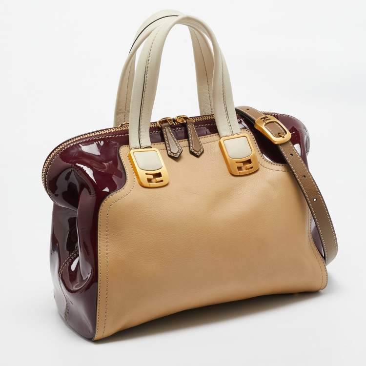 Pre Owned Fendi Red/Beige Patent and Leather Chameleon Satchel 