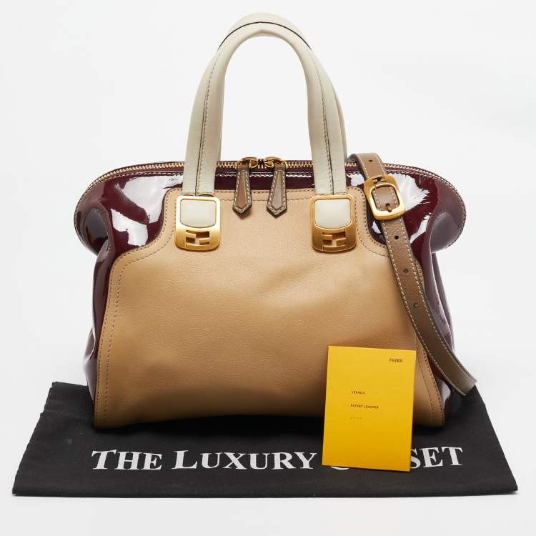 Pre Owned Fendi Red/Beige Patent and Leather Chameleon Satchel 