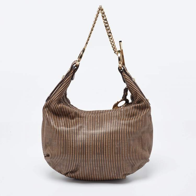 Pre Owned Fendi Brown/Black Stripe Perforated Leather Chef Chain Hobo