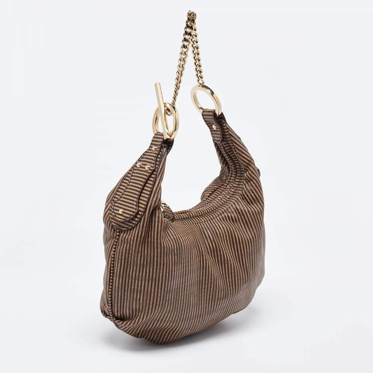 Pre Owned Fendi Brown/Black Stripe Perforated Leather Chef Chain Hobo