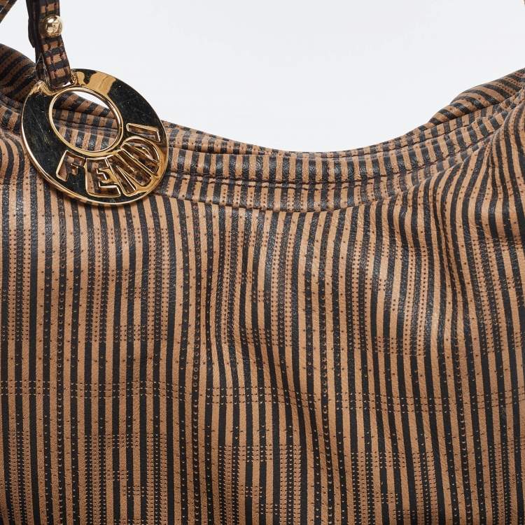 Pre Owned Fendi Brown/Black Stripe Perforated Leather Chef Chain Hobo