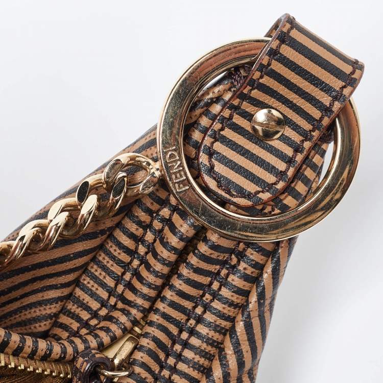 Pre Owned Fendi Brown/Black Stripe Perforated Leather Chef Chain Hobo