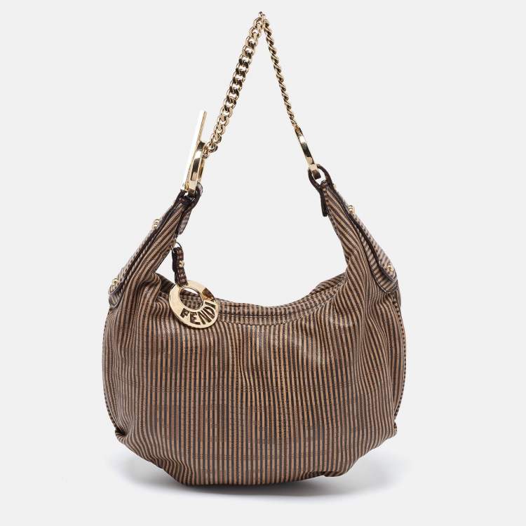 Pre Owned Fendi Brown/Black Stripe Perforated Leather Chef Chain Hobo