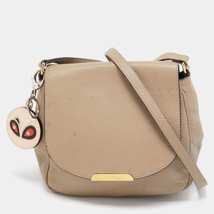 Pre Owned Fendi Beige Leather Flap Crossbody Bag