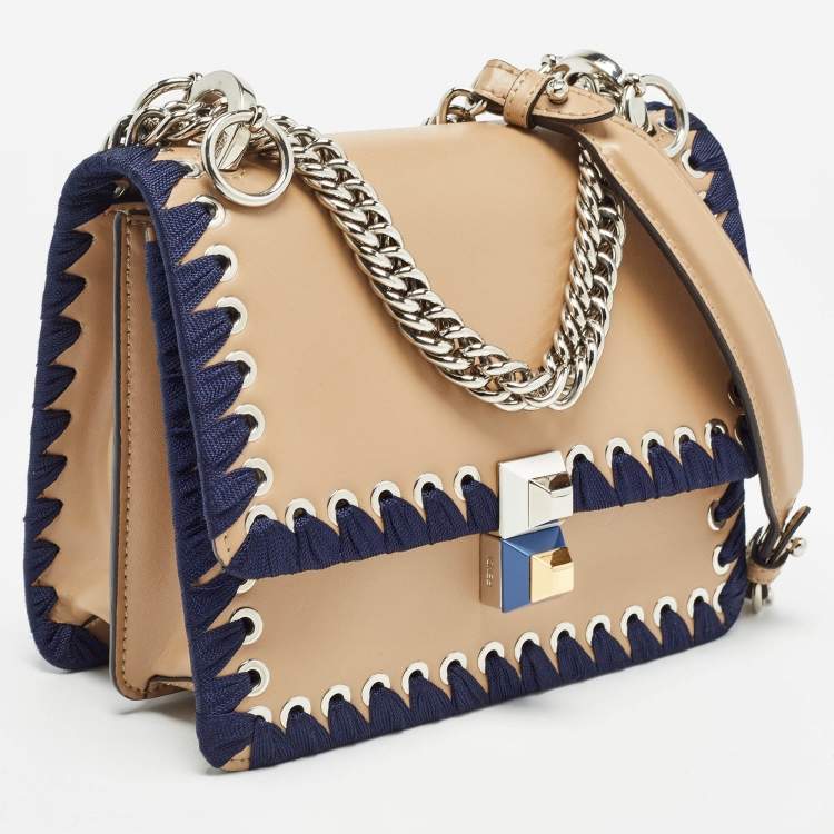Pre Owned Fendi Brown/Blue Leather Studded Mini Kan I Ribbon Whipstitch Shoulder Bag