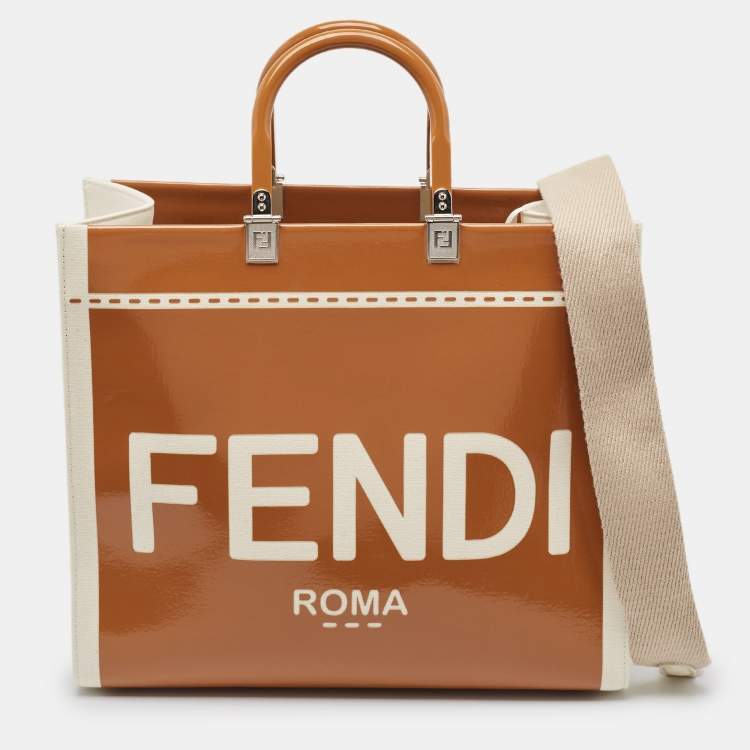 Pre Owned Fendi Brown/Off White Canvas and Patent Leather Medium Sunshine Shopper Tote