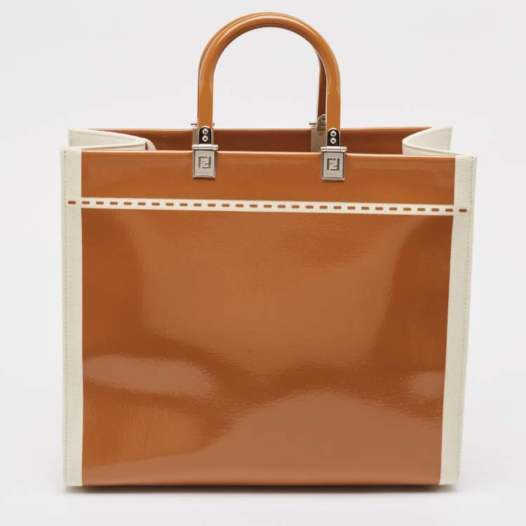 Pre Owned Fendi Brown/Off White Canvas and Patent Leather Medium Sunshine Shopper Tote