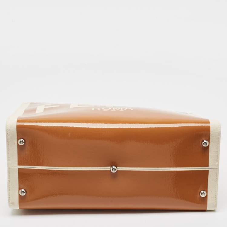 Pre Owned Fendi Brown/Off White Canvas and Patent Leather Medium Sunshine Shopper Tote
