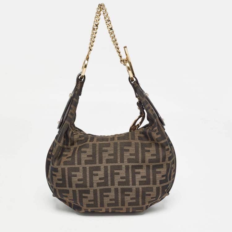 Pre Owned Fendi Tobacco Zucca Canvas and Leather Small Chef Chain Link Hobo