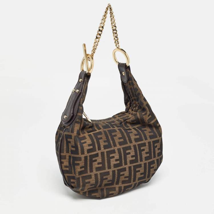 Pre Owned Fendi Tobacco Zucca Canvas and Leather Small Chef Chain Link Hobo
