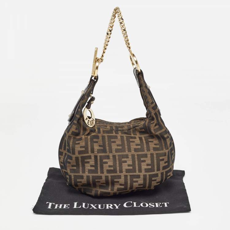 Pre Owned Fendi Tobacco Zucca Canvas and Leather Small Chef Chain Link Hobo