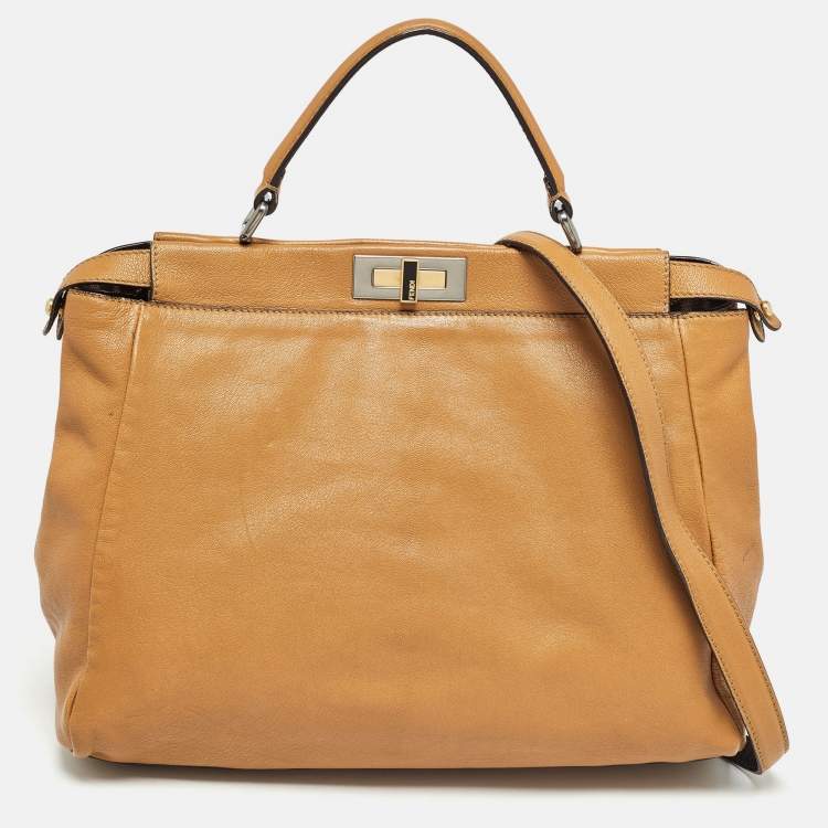 Pre Owned Fendi Tan Leather Large Peekaboo Top Handle Bag