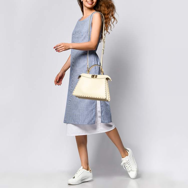 Pre Owned Fendi Light Beige Leather Small Peekaboo ISeeU Top Handle Bag