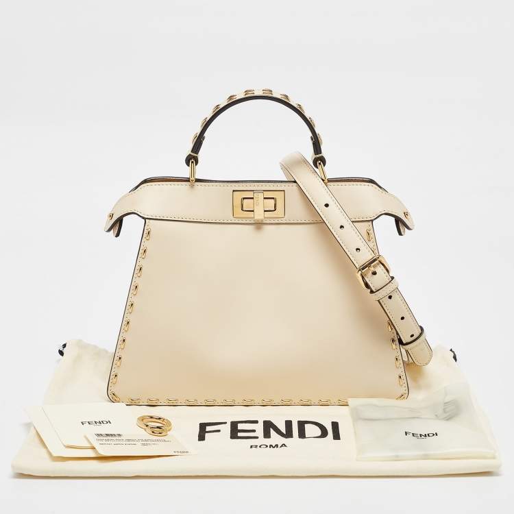 Pre Owned Fendi Light Beige Leather Small Peekaboo ISeeU Top Handle Bag