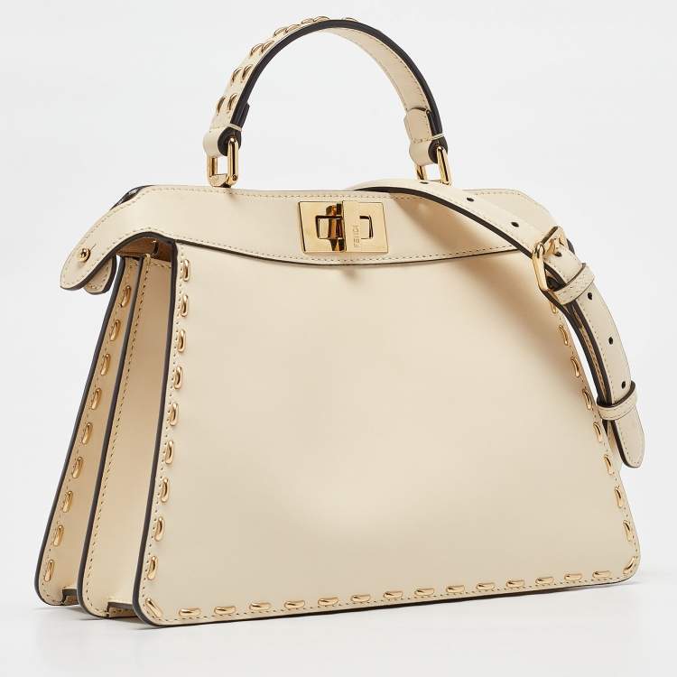Pre Owned Fendi Light Beige Leather Small Peekaboo ISeeU Top Handle Bag
