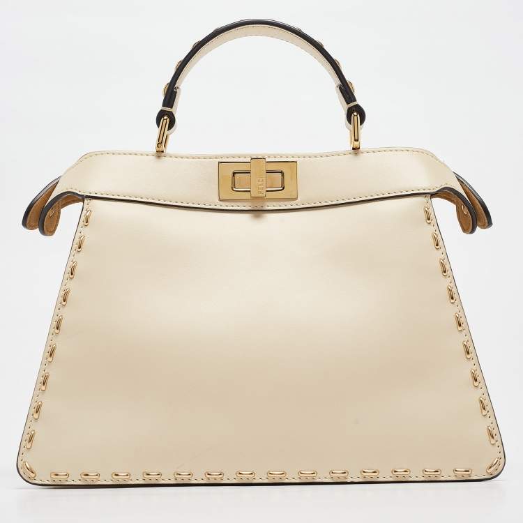 Pre Owned Fendi Light Beige Leather Small Peekaboo ISeeU Top Handle Bag