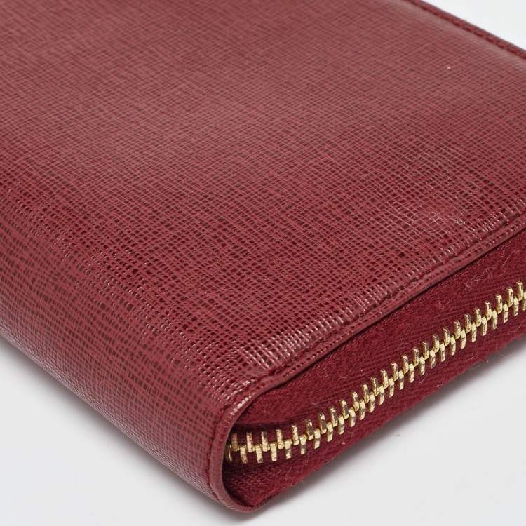 Pre Owned Fendi Red Leather Elite Zip Around Wallet