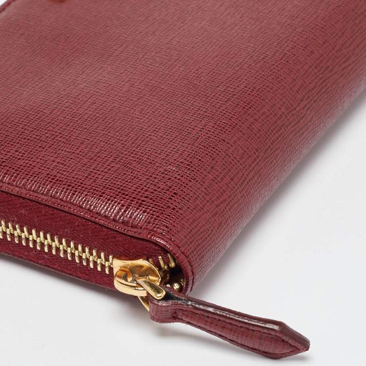 Pre Owned Fendi Red Leather Elite Zip Around Wallet