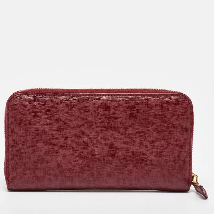 Pre Owned Fendi Red Leather Elite Zip Around Wallet