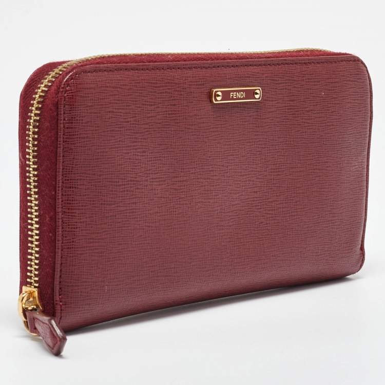 Pre Owned Fendi Red Leather Elite Zip Around Wallet