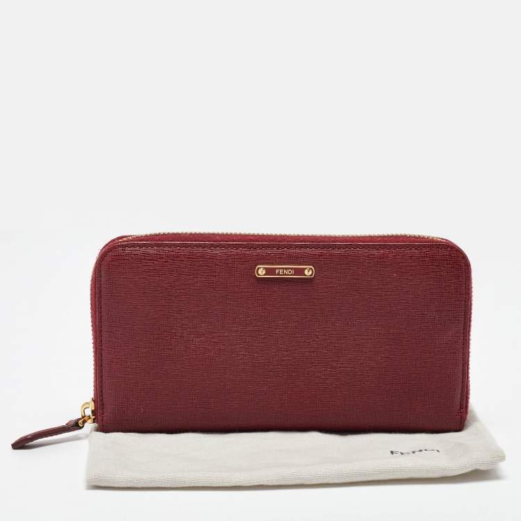 Pre Owned Fendi Red Leather Elite Zip Around Wallet