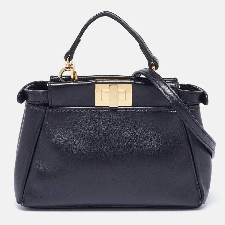 Pre Owned Fendi Black Leather Micro Peekaboo Top Handle Bag