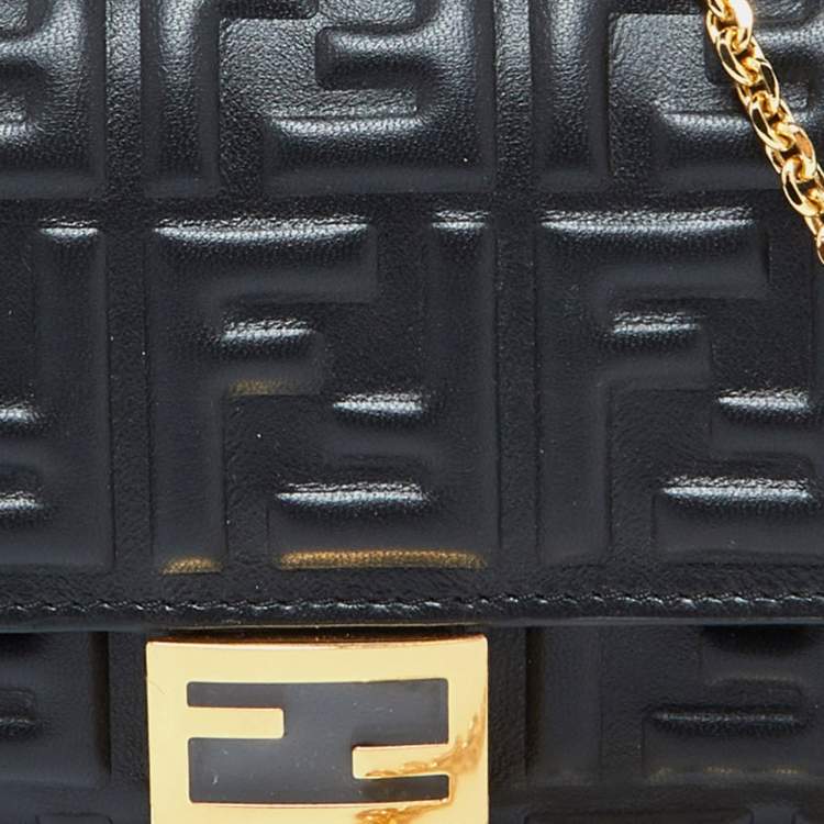 Pre Owned Fendi Black Zucca Embossed Leather Baguette Wallet on Chain