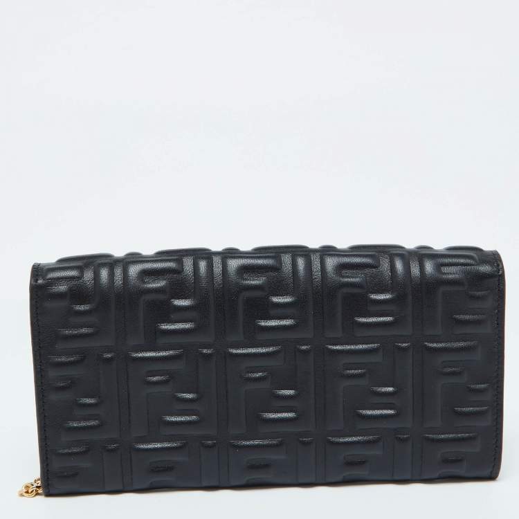 Pre Owned Fendi Black Zucca Embossed Leather Baguette Wallet on Chain