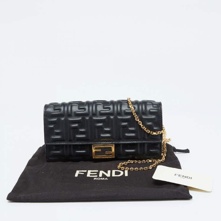 Pre Owned Fendi Black Zucca Embossed Leather Baguette Wallet on Chain