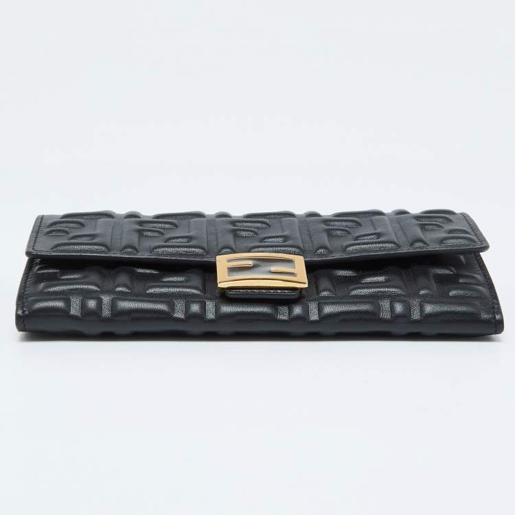 Pre Owned Fendi Black Zucca Embossed Leather Baguette Wallet on Chain