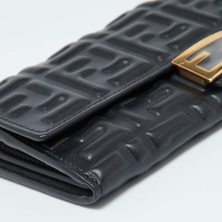 Pre Owned Fendi Black Zucca Embossed Leather Baguette Wallet on Chain
