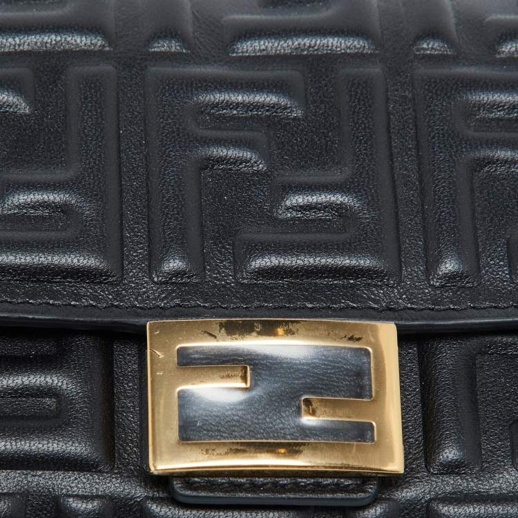 Pre Owned Fendi Black Zucca Embossed Leather Baguette Wallet on Chain