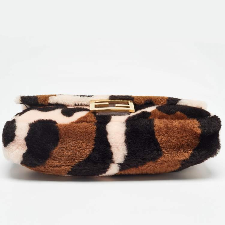 Pre Owned Fendi Multicolor Leopard Print Shearling and Leather Large Baguette Bag