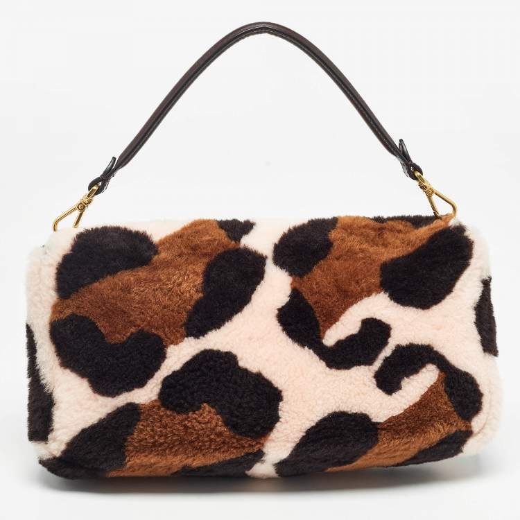 Pre Owned Fendi Multicolor Leopard Print Shearling and Leather Large Baguette Bag
