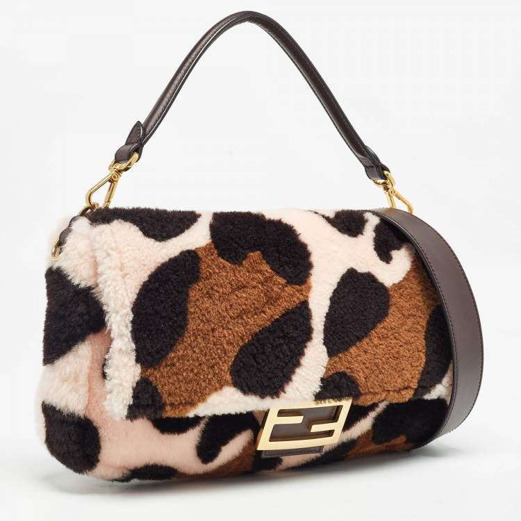 Pre Owned Fendi Multicolor Leopard Print Shearling and Leather Large Baguette Bag