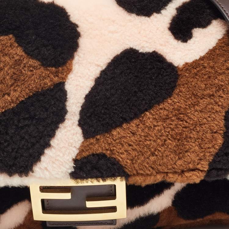 Pre Owned Fendi Multicolor Leopard Print Shearling and Leather Large Baguette Bag