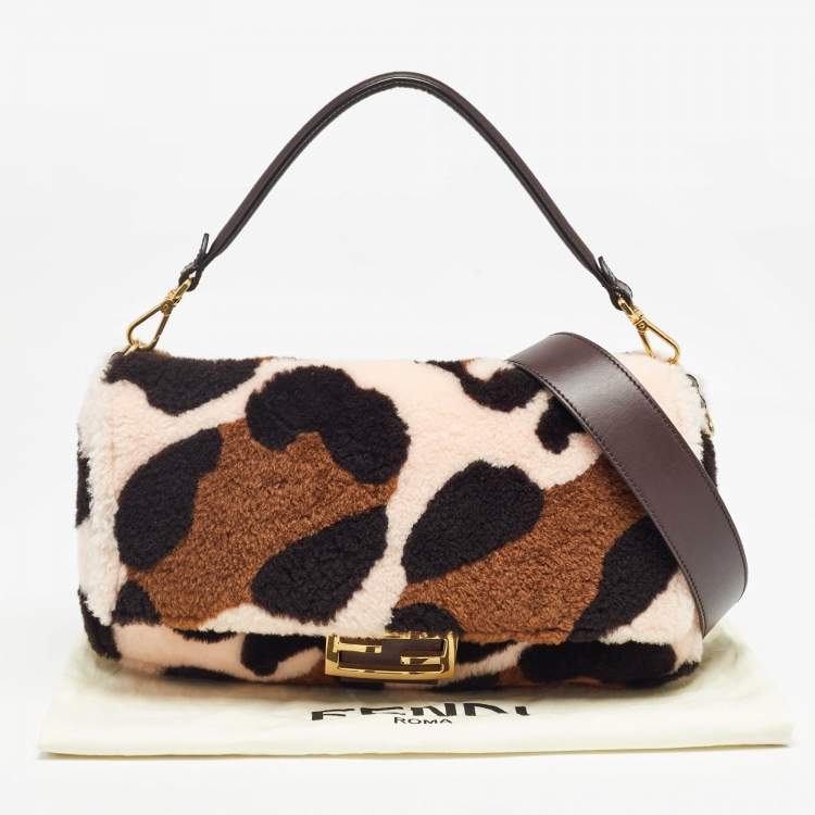 Pre Owned Fendi Multicolor Leopard Print Shearling and Leather Large Baguette Bag