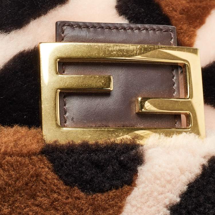 Pre Owned Fendi Multicolor Leopard Print Shearling and Leather Large Baguette Bag