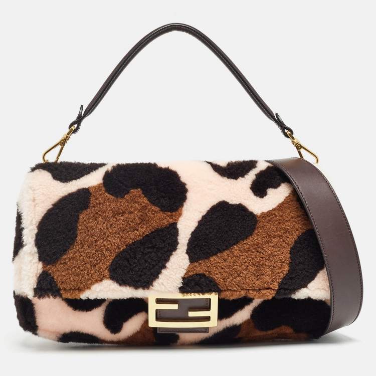 Pre Owned Fendi Multicolor Leopard Print Shearling and Leather Large Baguette Bag