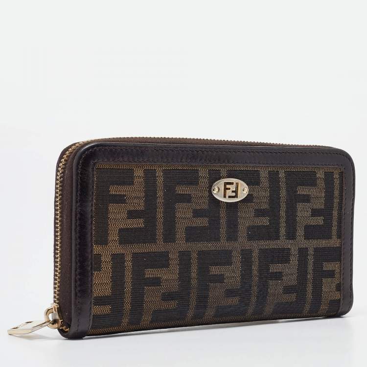 Pre Owned Fendi Tobacco Zucca Canvas and Leather FF Zip Around Wallet