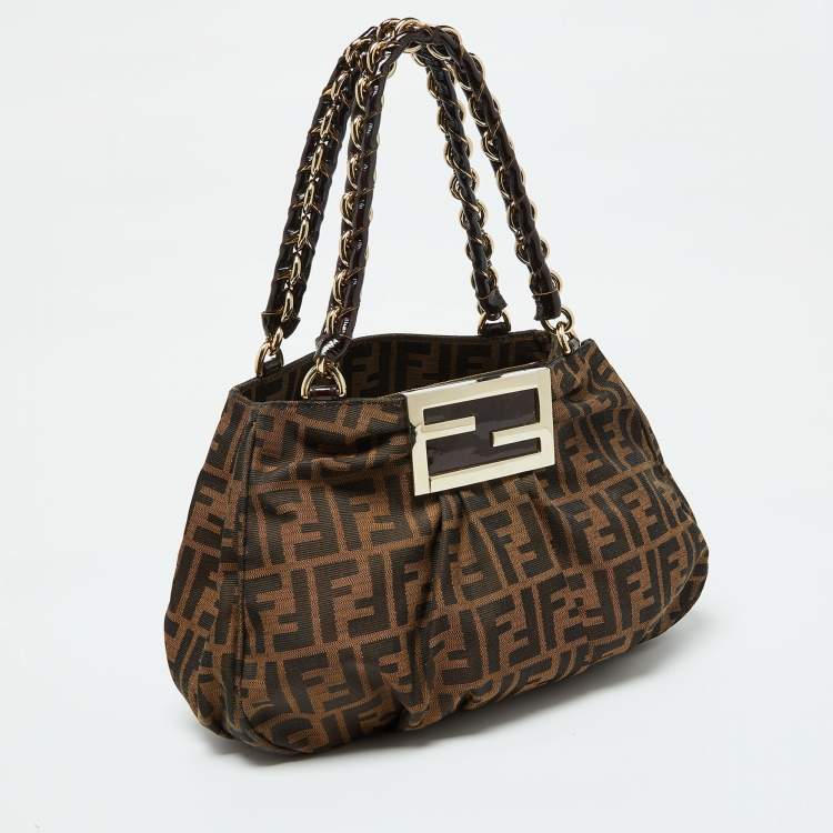 Pre Owned Fendi Tobacco Zucca Canvas and Patent Leather Small Mia Hobo
