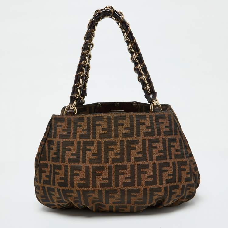 Pre Owned Fendi Tobacco Zucca Canvas and Patent Leather Small Mia Hobo