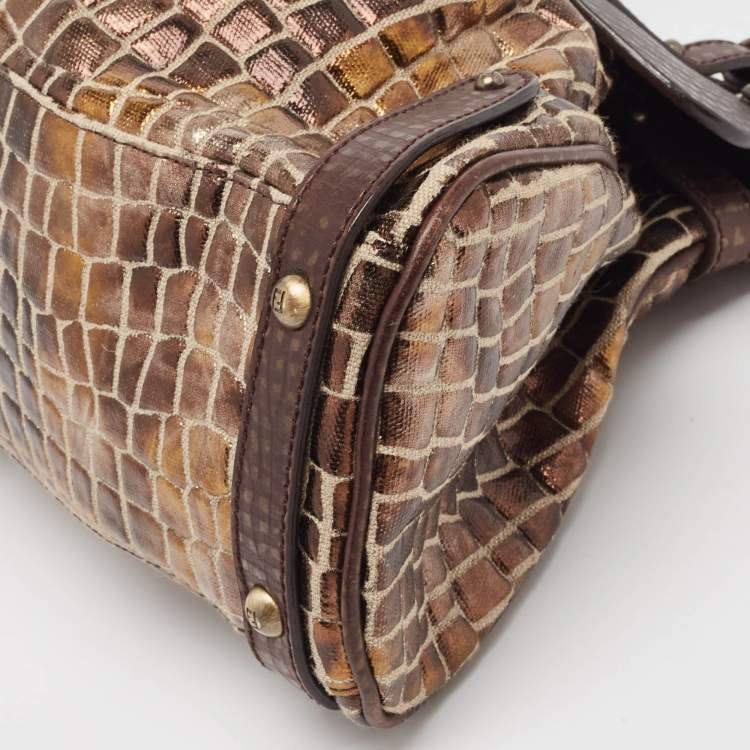 Pre Owned Fendi Metallic/Dark Brown Croc Effect Canvas Magic Satchel