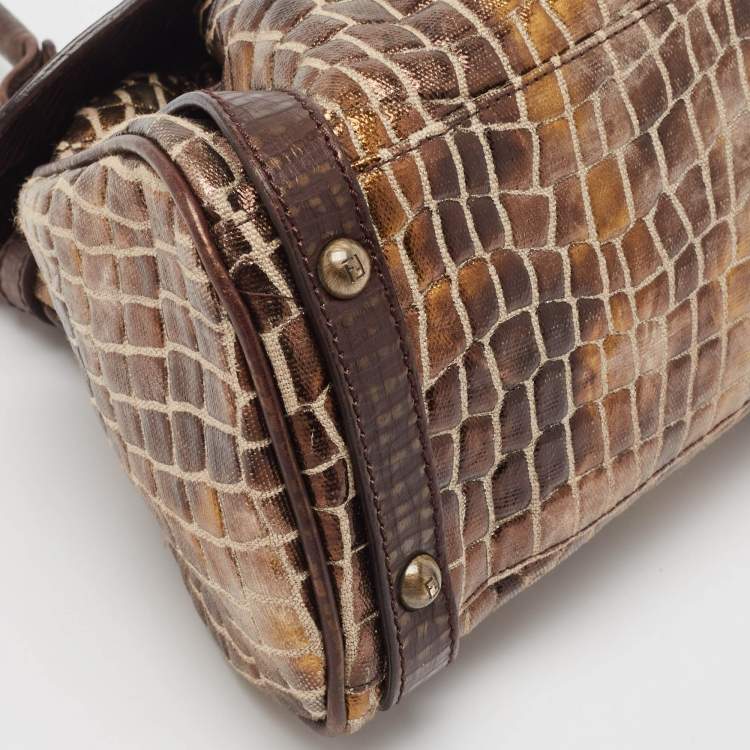 Pre Owned Fendi Metallic/Dark Brown Croc Effect Canvas Magic Satchel
