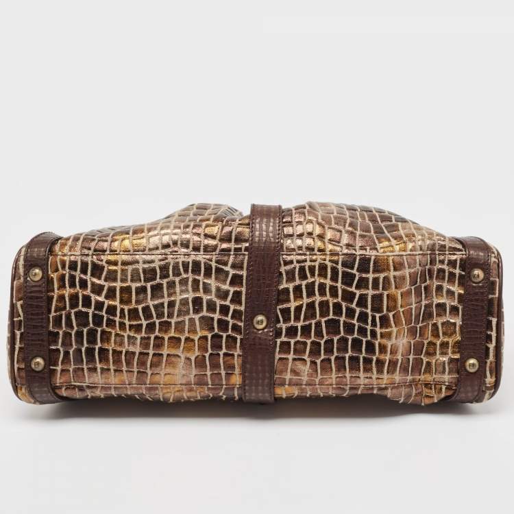 Pre Owned Fendi Metallic/Dark Brown Croc Effect Canvas Magic Satchel