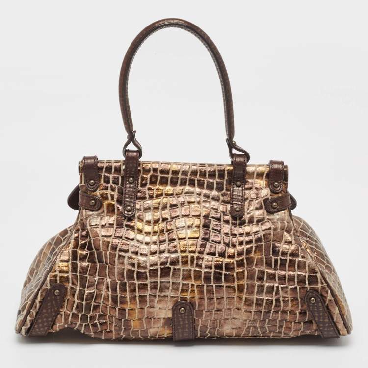 Pre Owned Fendi Metallic/Dark Brown Croc Effect Canvas Magic Satchel