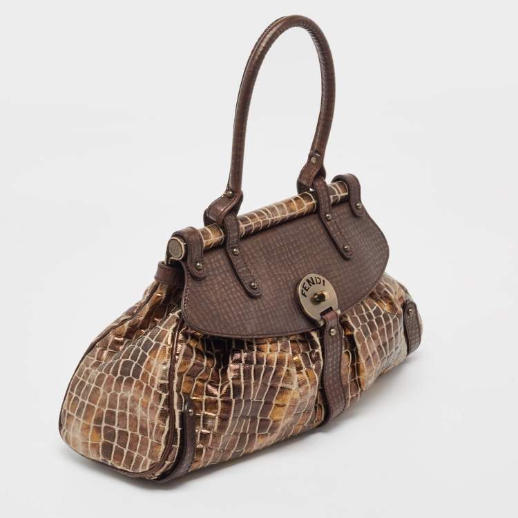 Pre Owned Fendi Metallic/Dark Brown Croc Effect Canvas Magic Satchel