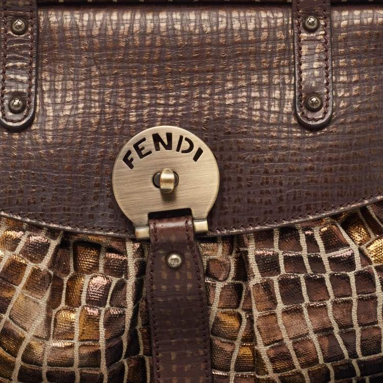 Pre Owned Fendi Metallic/Dark Brown Croc Effect Canvas Magic Satchel