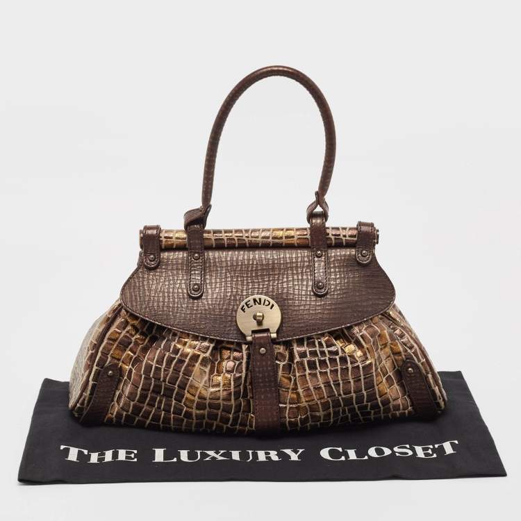 Pre Owned Fendi Metallic/Dark Brown Croc Effect Canvas Magic Satchel